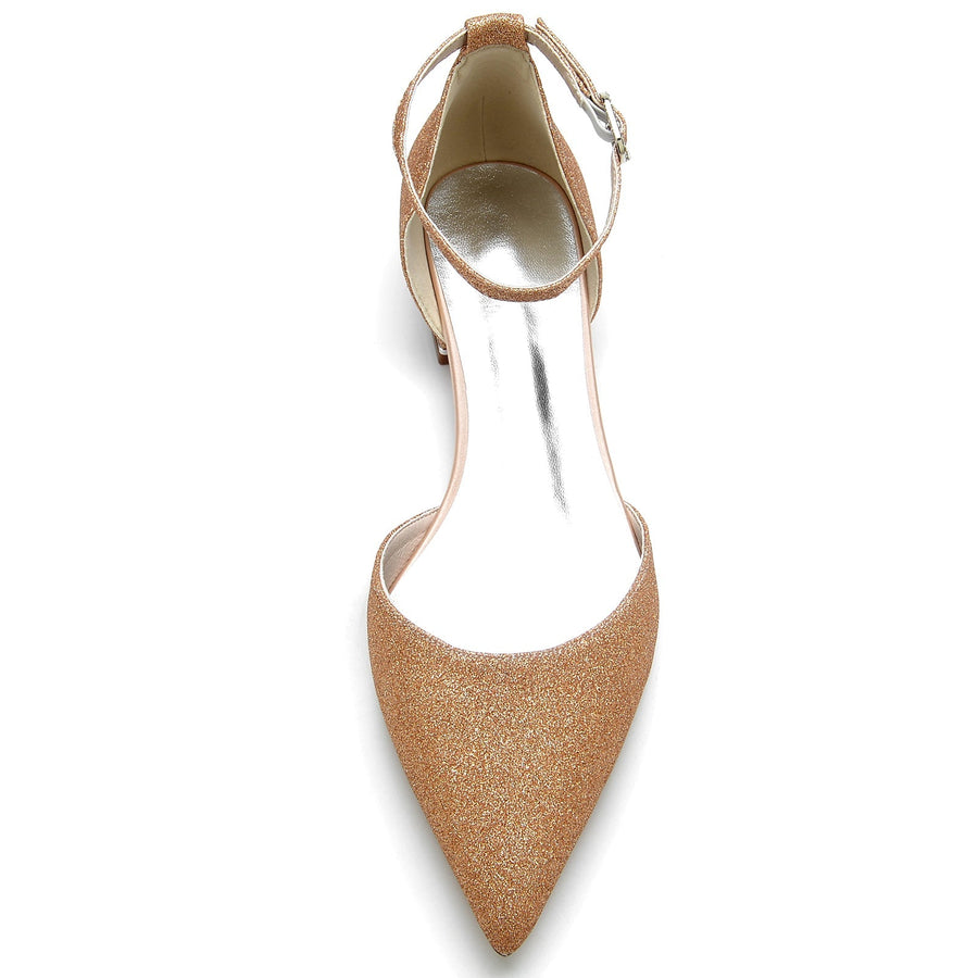 Damen Stretch Glitzer Mit Knöchelriemen Geschlossene Zehenpartie Flacher Absatz Partyschuhe