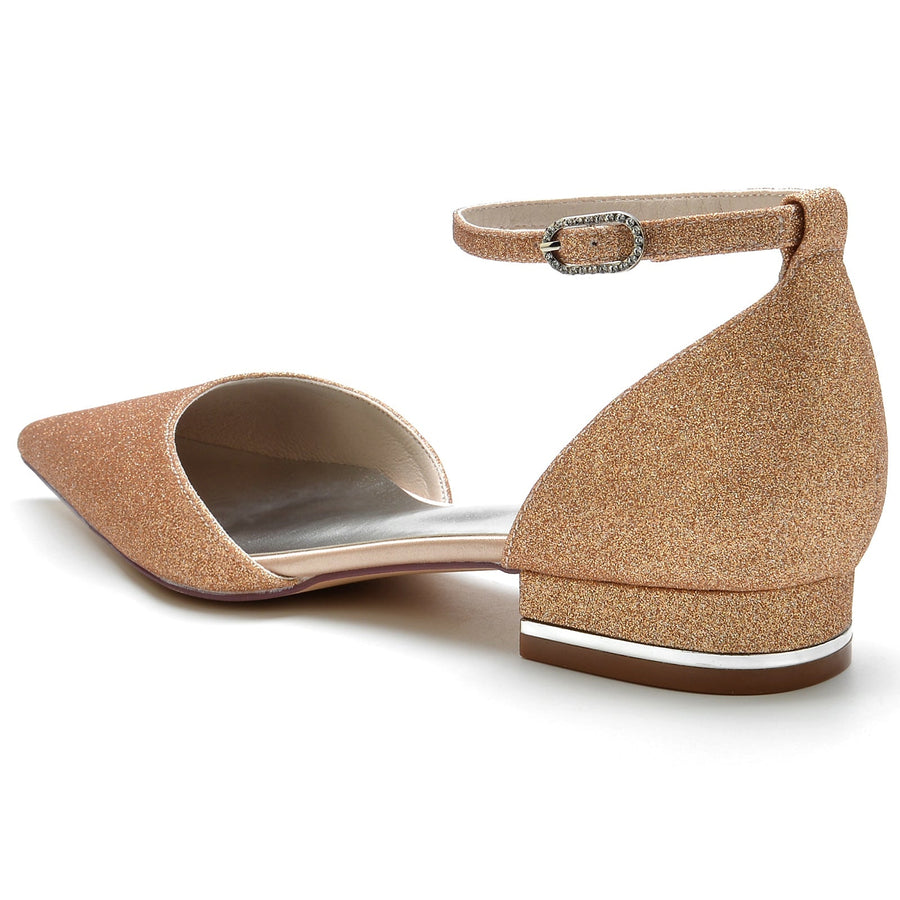 Damen Stretch Glitzer Mit Knöchelriemen Geschlossene Zehenpartie Flacher Absatz Partyschuhe