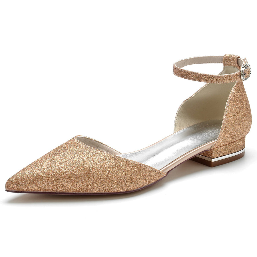 Damen Stretch Glitzer Mit Knöchelriemen Geschlossene Zehenpartie Flacher Absatz Partyschuhe