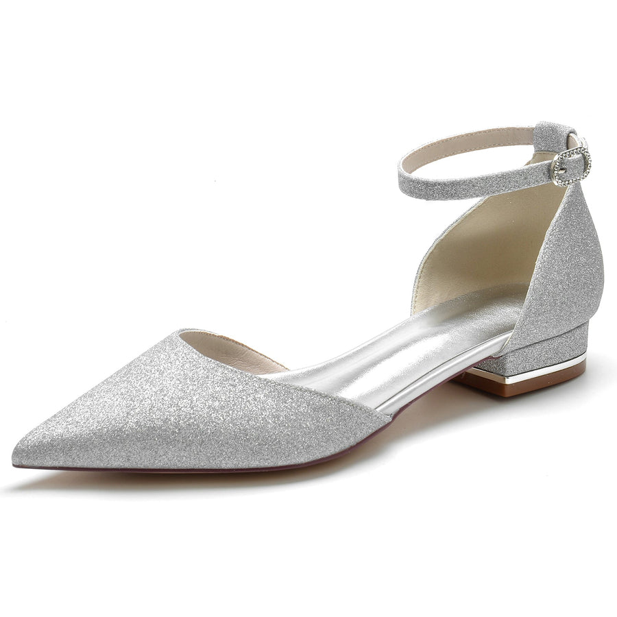 Damen Stretch Glitzer Mit Knöchelriemen Geschlossene Zehenpartie Flacher Absatz Partyschuhe