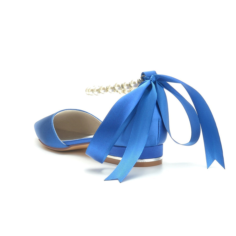 Damen Seidensatin mit Knöchelriemen, Schnürung, geschlossene Zehenpartie, flacher Absatz, Abendschuhe