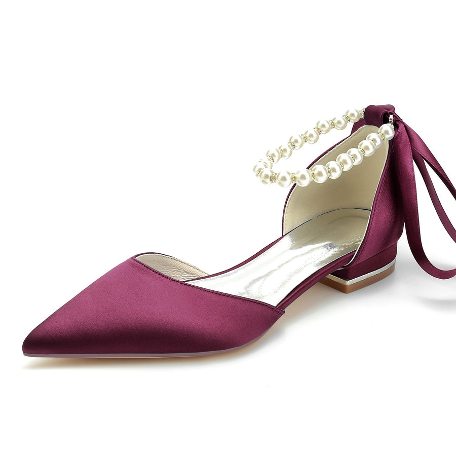 Damen Seidensatin mit Knöchelriemen, Schnürung, geschlossene Zehenpartie, flacher Absatz, Abendschuhe