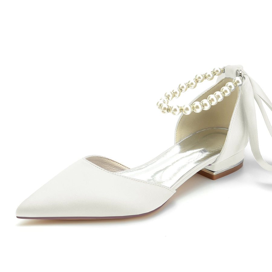 Damen Seidensatin mit Knöchelriemen, Schnürung, geschlossene Zehenpartie, flacher Absatz, Abendschuhe