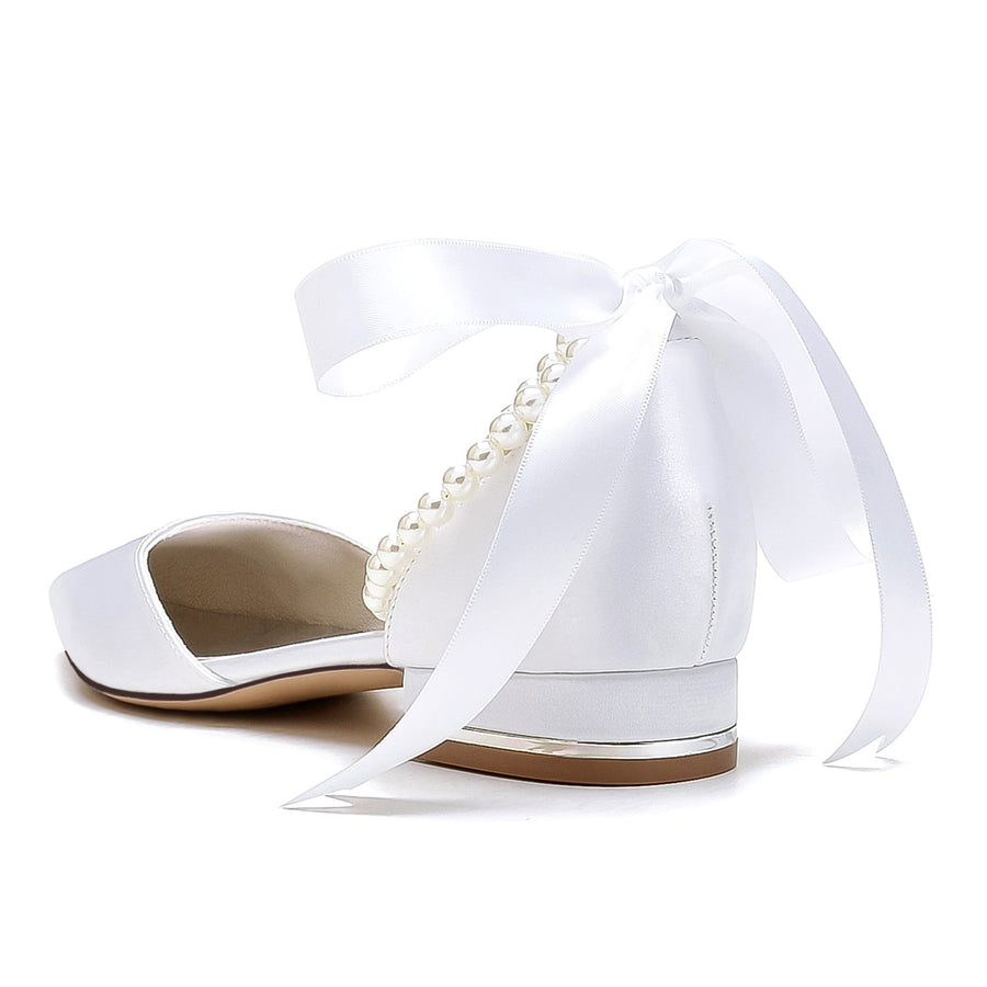 Damen Seidensatin mit Knöchelriemen, Schnürung, Perlen, geschlossene Zehenpartie, flacher Absatz, Abendschuhe