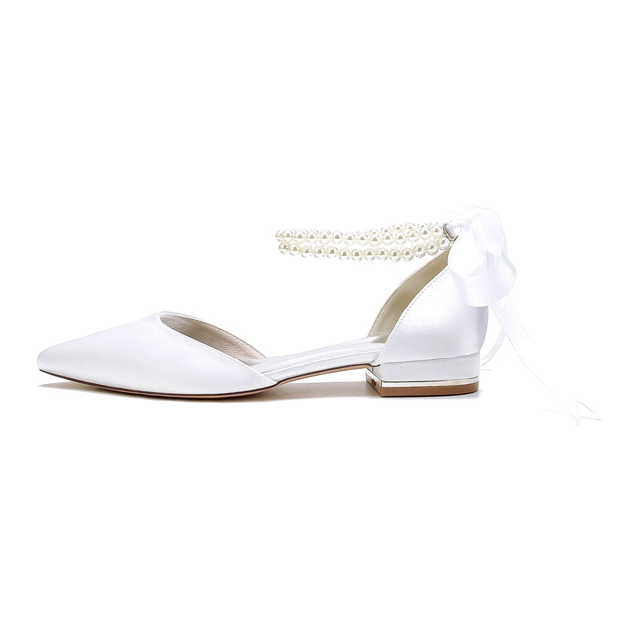 Damen Seidensatin mit Knöchelriemen, Schnürung, Perlen, geschlossene Zehenpartie, flacher Absatz, Abendschuhe