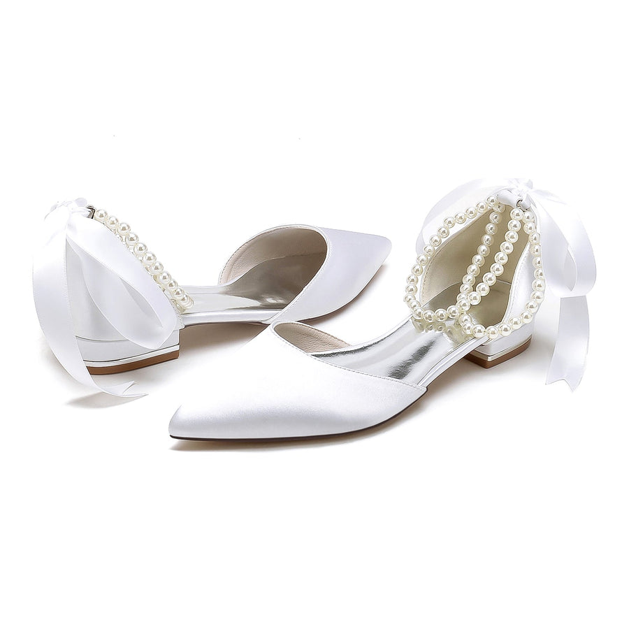 Damen Seidensatin mit Knöchelriemen, Schnürung, Perlen, geschlossene Zehenpartie, flacher Absatz, Abendschuhe