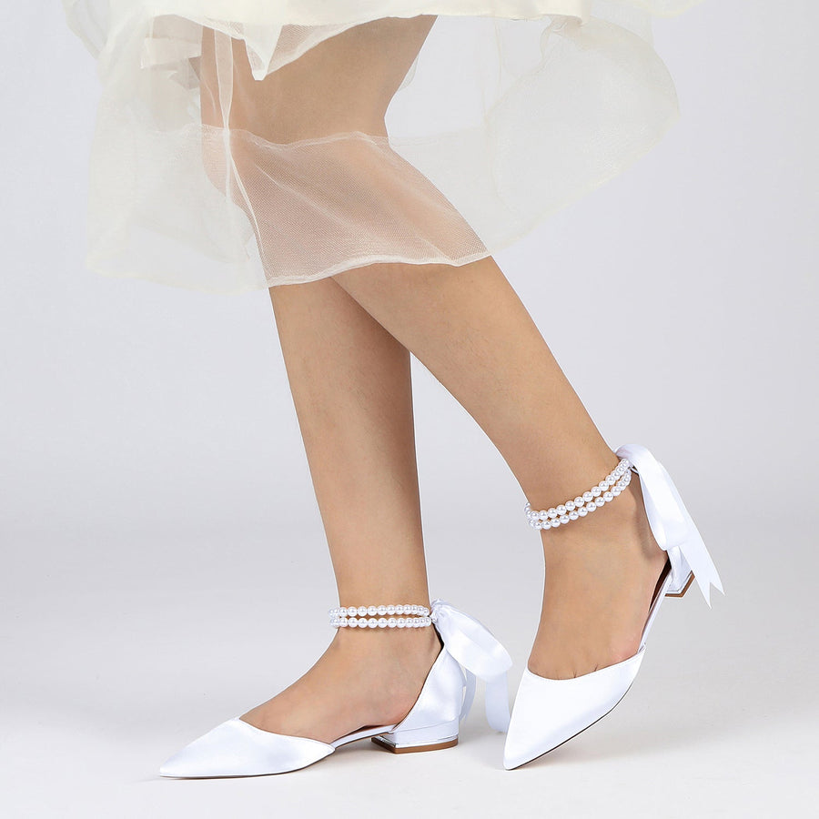 Damen Seidensatin mit Knöchelriemen, Schnürung, Perlen, geschlossene Zehenpartie, flacher Absatz, Abendschuhe