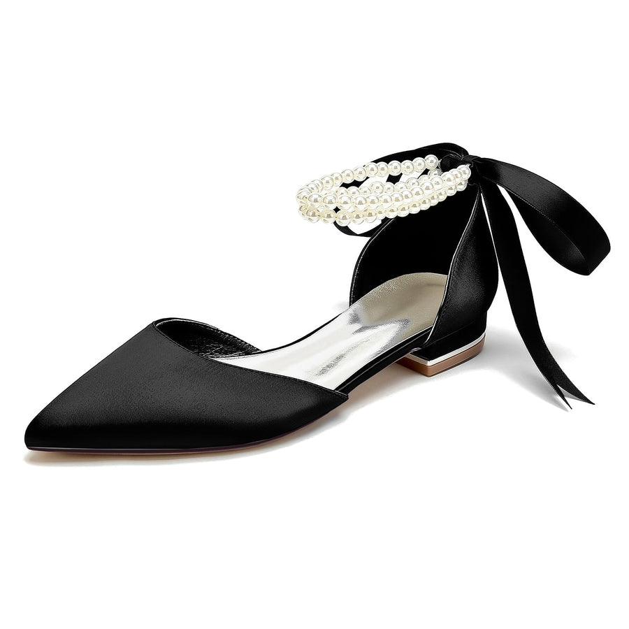 Damen Seidensatin mit Knöchelriemen, Schnürung, Perlen, geschlossene Zehenpartie, flacher Absatz, Abendschuhe