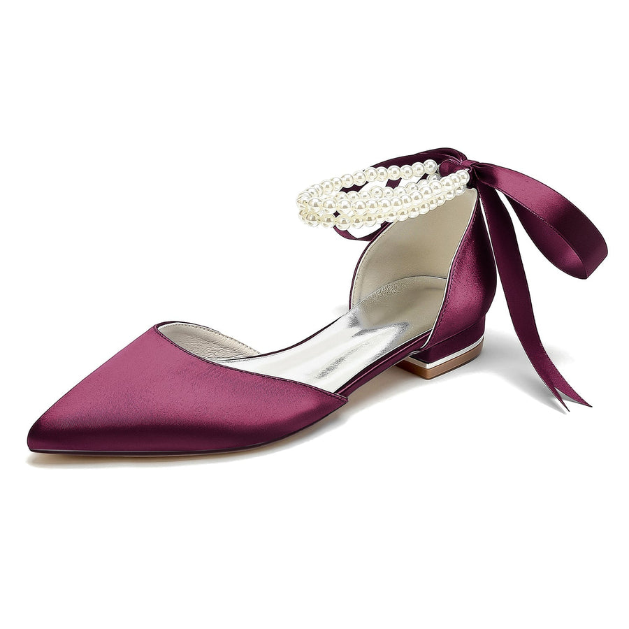 Damen Seidensatin mit Knöchelriemen, Schnürung, Perlen, geschlossene Zehenpartie, flacher Absatz, Abendschuhe