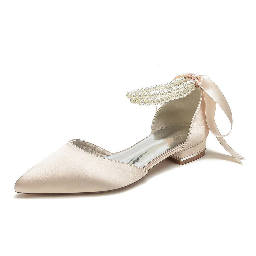 Damen Seidensatin mit Knöchelriemen, Schnürung, Perlen, geschlossene Zehenpartie, flacher Absatz, Abendschuhe