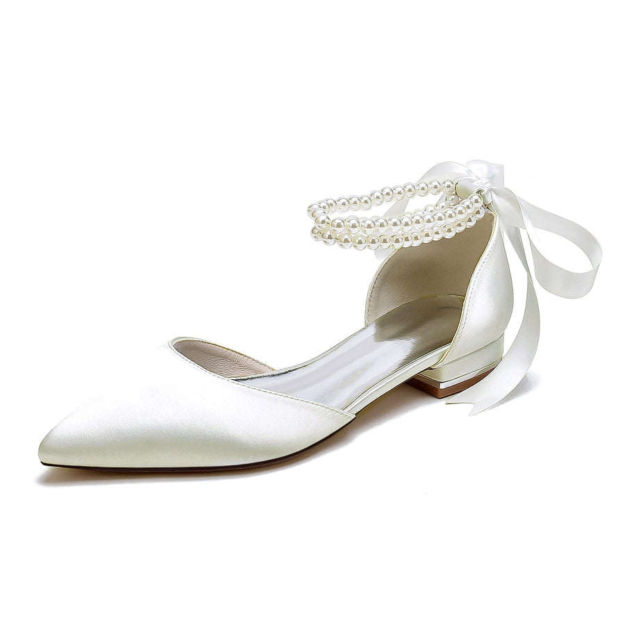 Damen Seidensatin mit Knöchelriemen, Schnürung, Perlen, geschlossene Zehenpartie, flacher Absatz, Abendschuhe
