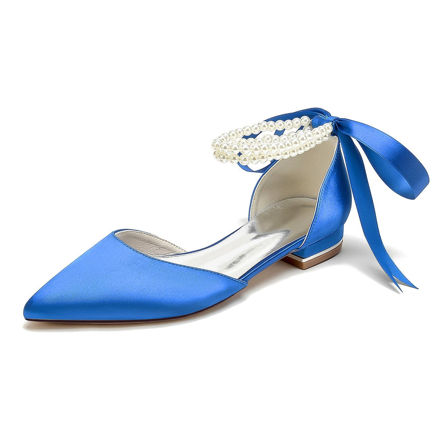 Damen Seidensatin mit Knöchelriemen, Schnürung, Perlen, geschlossene Zehenpartie, flacher Absatz, Abendschuhe