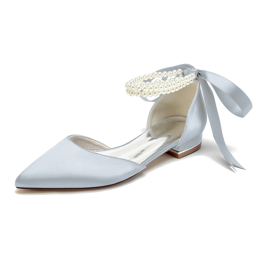 Damen Seidensatin mit Knöchelriemen, Schnürung, Perlen, geschlossene Zehenpartie, flacher Absatz, Abendschuhe
