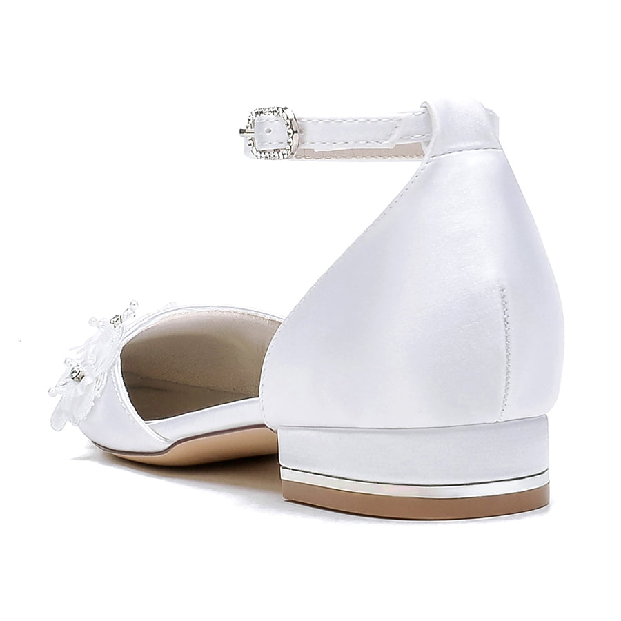 Damen Seidensatin mit Knöchelriemen Blume Strass Geschlossene Zehen Flacher Absatz Abendschuhe