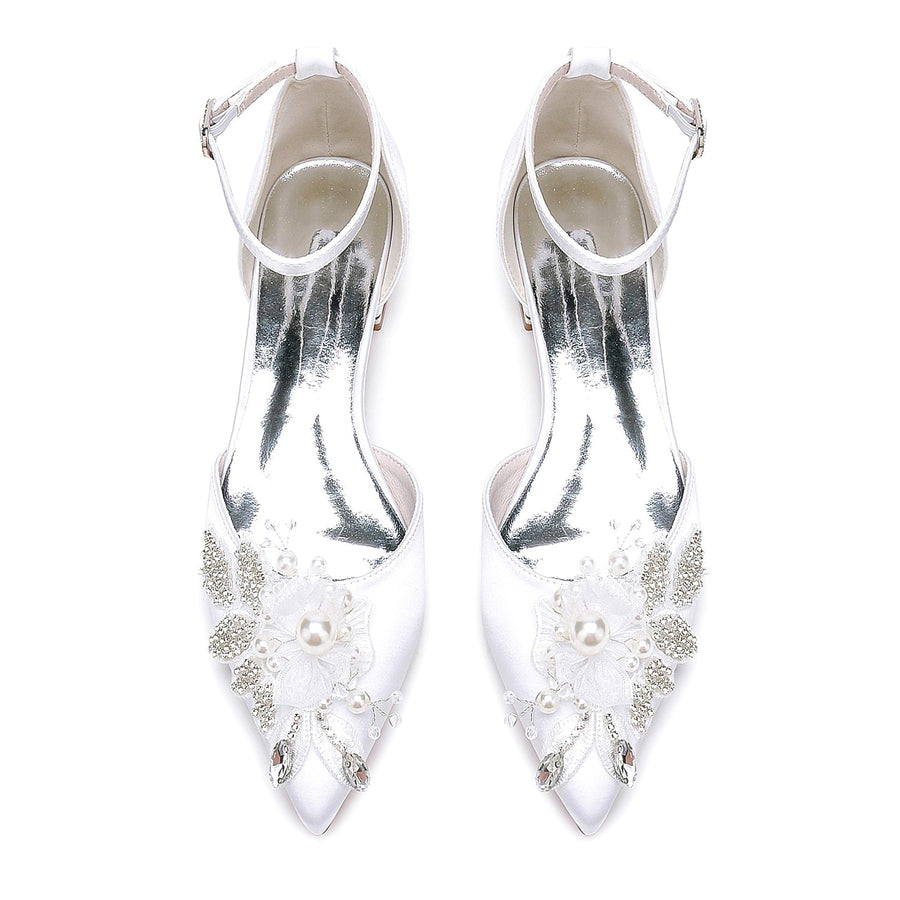 Damen Seidensatin mit Knöchelriemen Blume Strass Geschlossene Zehen Flacher Absatz Abendschuhe