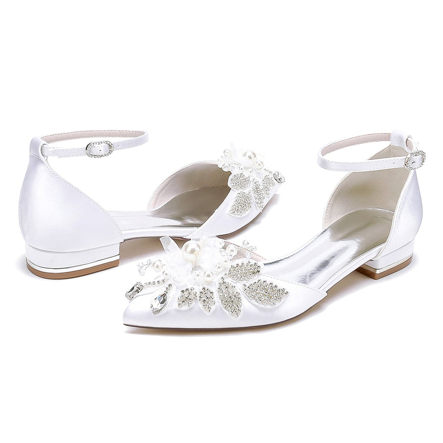 Damen Seidensatin mit Knöchelriemen Blume Strass Geschlossene Zehen Flacher Absatz Abendschuhe