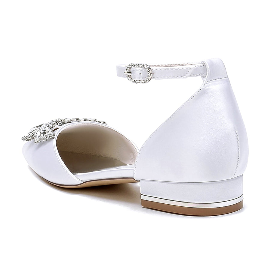 Damen Seidensatin mit Knöchelriemen Strass Geschlossene Zehen Flacher Absatz Hochzeitsschuhe
