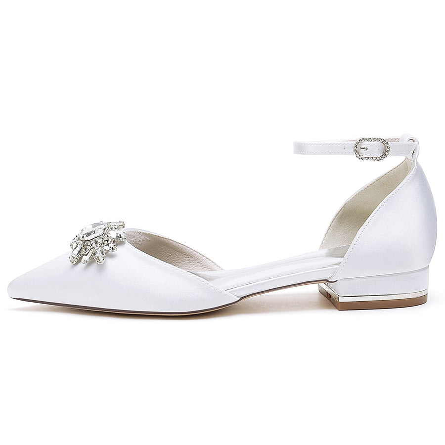 Damen Seidensatin mit Knöchelriemen Strass Geschlossene Zehen Flacher Absatz Hochzeitsschuhe