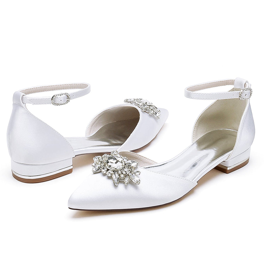 Damen Seidensatin mit Knöchelriemen Strass Geschlossene Zehen Flacher Absatz Hochzeitsschuhe