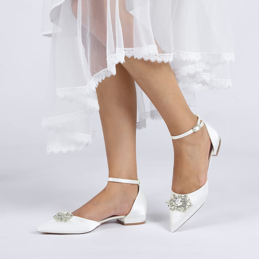 Damen Seidensatin mit Knöchelriemen Strass Geschlossene Zehen Flacher Absatz Hochzeitsschuhe