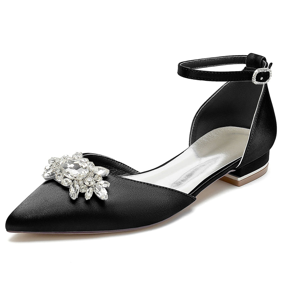 Damen Seidensatin mit Knöchelriemen Strass Geschlossene Zehen Flacher Absatz Hochzeitsschuhe