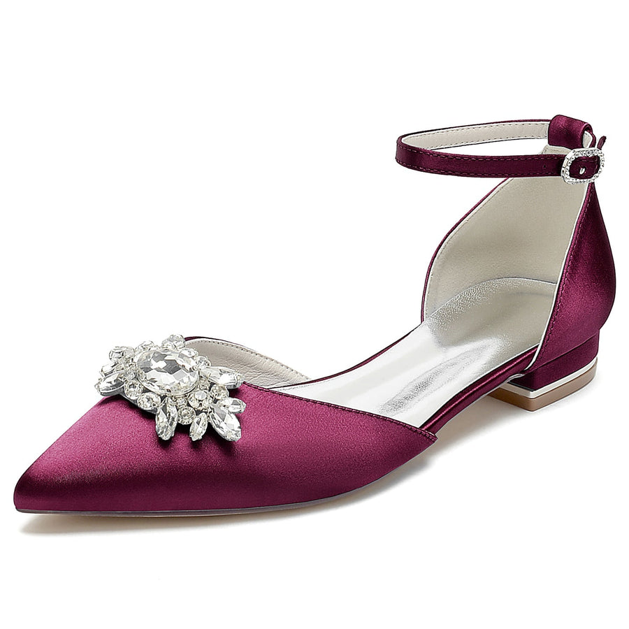 Damen Seidensatin mit Knöchelriemen Strass Geschlossene Zehen Flacher Absatz Hochzeitsschuhe