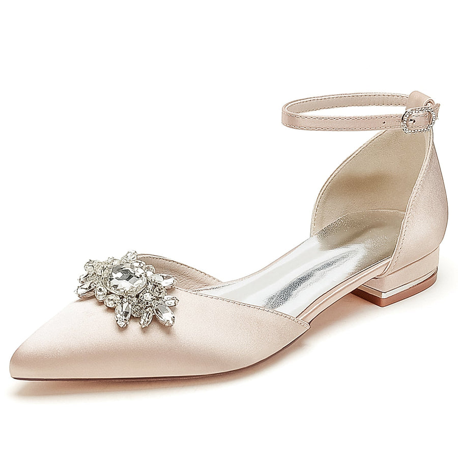 Damen Seidensatin mit Knöchelriemen Strass Geschlossene Zehen Flacher Absatz Hochzeitsschuhe