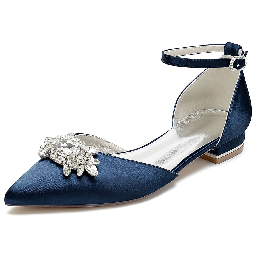 Damen Seidensatin mit Knöchelriemen Strass Geschlossene Zehen Flacher Absatz Hochzeitsschuhe