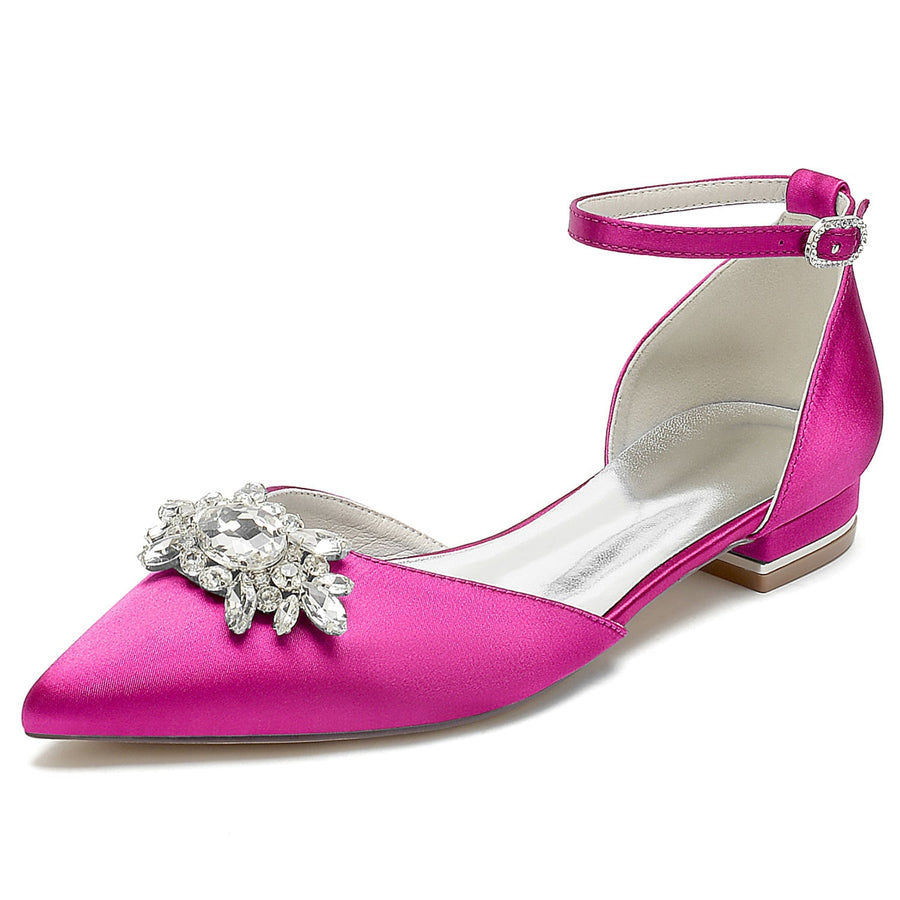 Damen Seidensatin mit Knöchelriemen Strass Geschlossene Zehen Flacher Absatz Hochzeitsschuhe