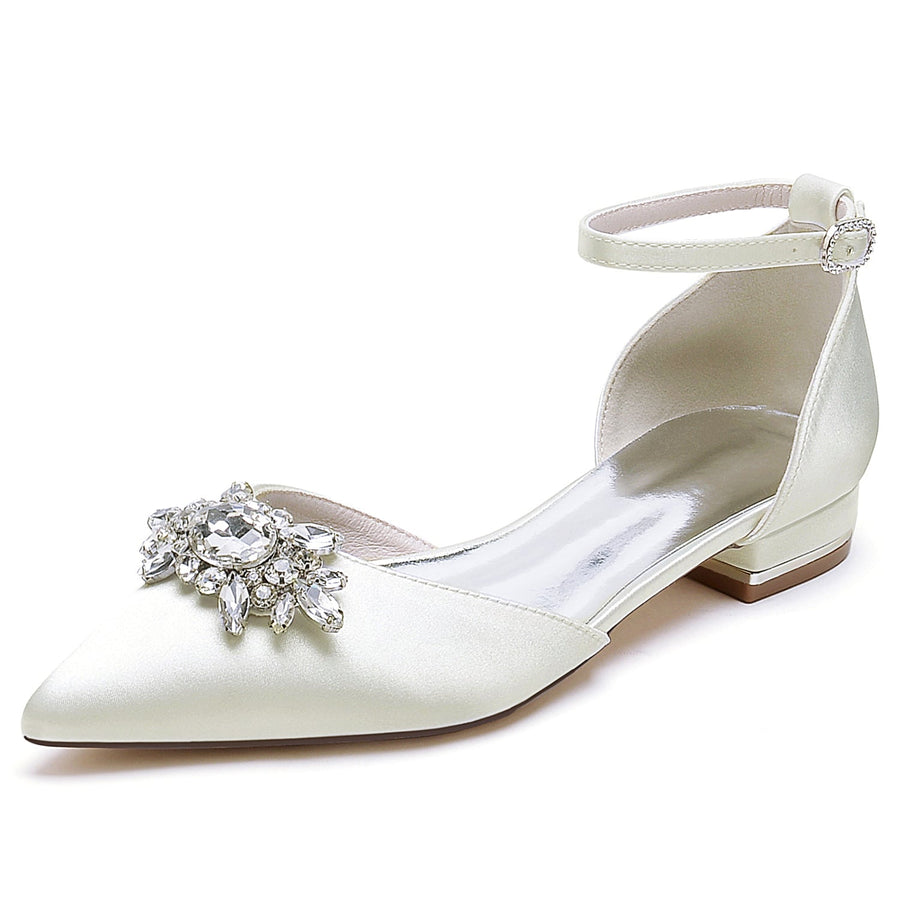 Damen Seidensatin mit Knöchelriemen Strass Geschlossene Zehen Flacher Absatz Hochzeitsschuhe