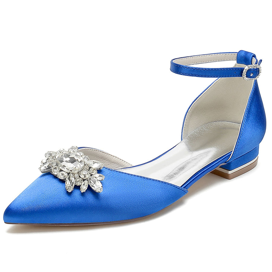Damen Seidensatin mit Knöchelriemen Strass Geschlossene Zehen Flacher Absatz Hochzeitsschuhe