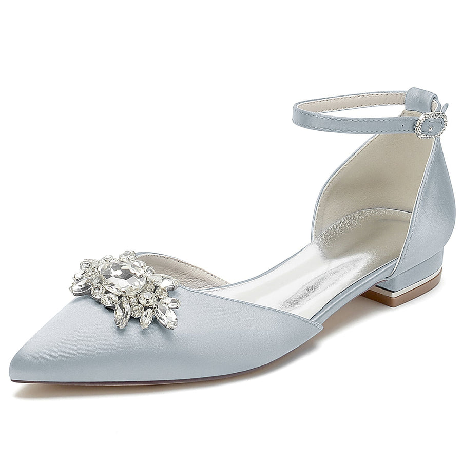 Damen Seidensatin mit Knöchelriemen Strass Geschlossene Zehen Flacher Absatz Hochzeitsschuhe