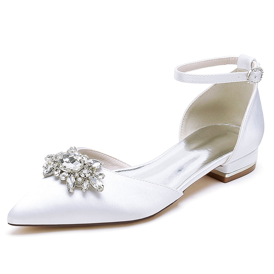 Damen Seidensatin mit Knöchelriemen Strass Geschlossene Zehen Flacher Absatz Hochzeitsschuhe