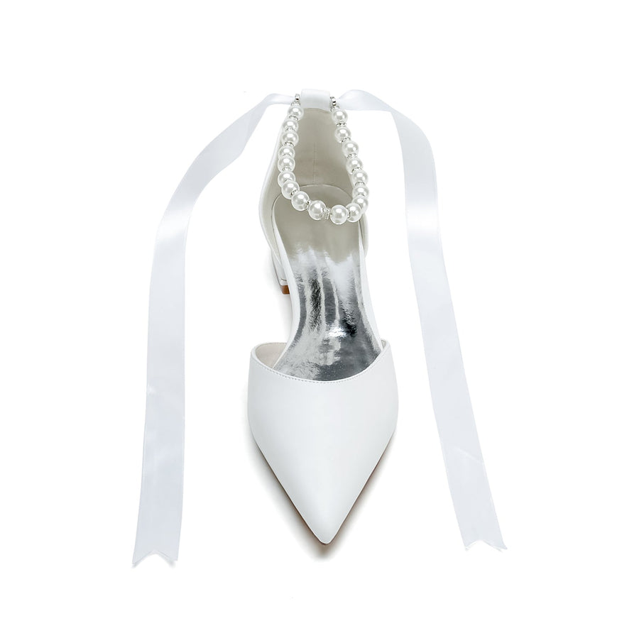 Damen PU mit Knöchelriemen Perle Geschlossene Zehen Flacher Absatz Hochzeitsschuhe