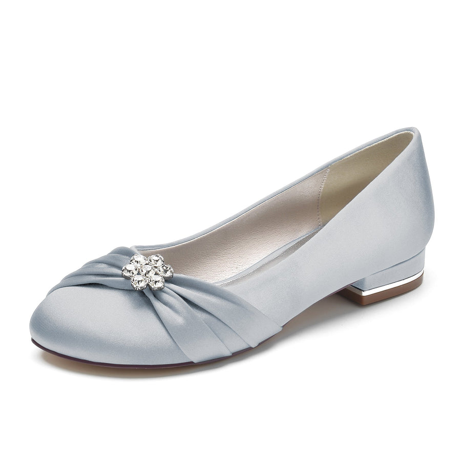 Damen Seidensatin mit Perlen, Blumen, Strass, geschlossene Zehenpartie, flacher Absatz, Partyschuhe