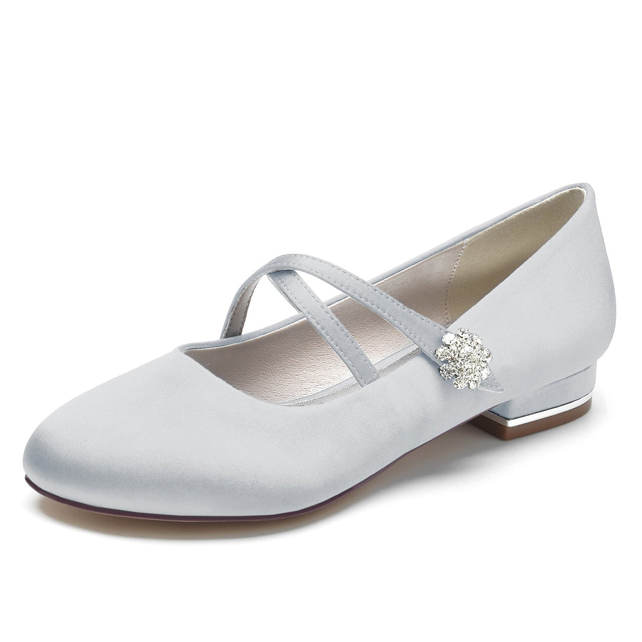 Damen Seidensatin mit Blumen Strass Geschlossene Zehe Flacher Absatz Hochzeitsschuhe