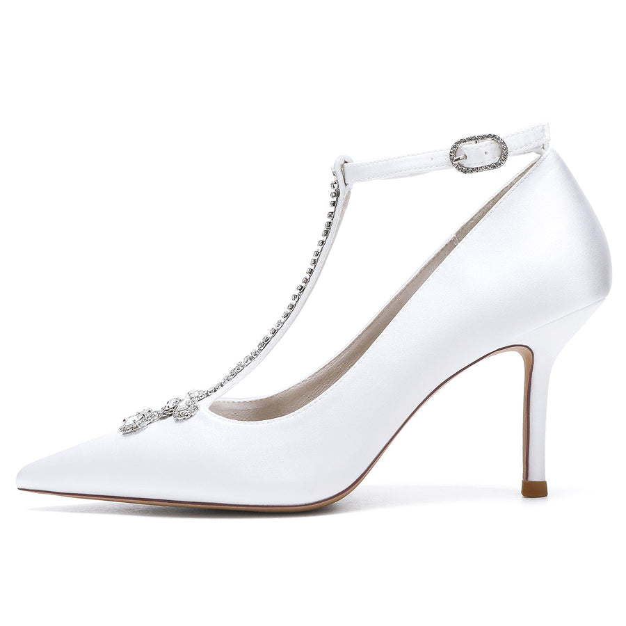Damen Knöchelriemen Seidensatin mit Strass Geschlossene Zehen Stilettoabsatz Brautschuhe