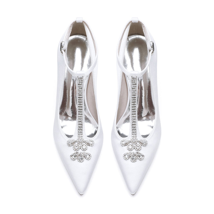 Damen Knöchelriemen Seidensatin mit Strass Geschlossene Zehen Stilettoabsatz Brautschuhe