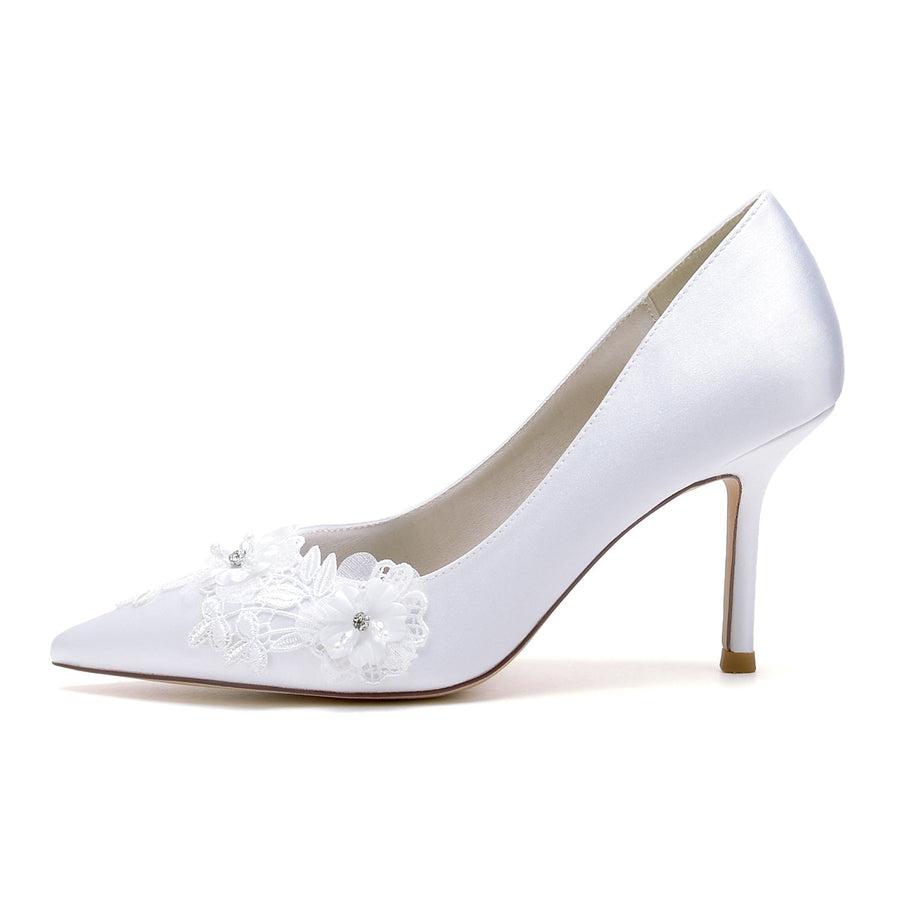 Damen Seidensatin mit Blume Geschlossene Zehe Stiletto-Absatz Brautschuhe