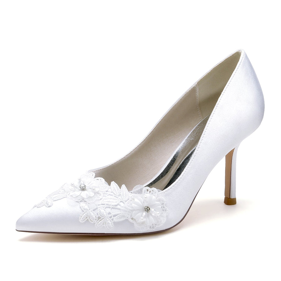 Damen Seidensatin mit Blume Geschlossene Zehe Stiletto-Absatz Brautschuhe