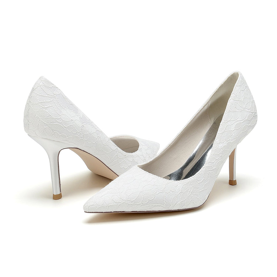 Damen Spitze Seidensatin Mit Spitze Geschlossene Zehen Stiletto Absatz Party Schuhe