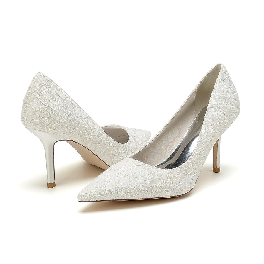 Damen Spitze Seidensatin Mit Spitze Geschlossene Zehen Stiletto Absatz Party Schuhe