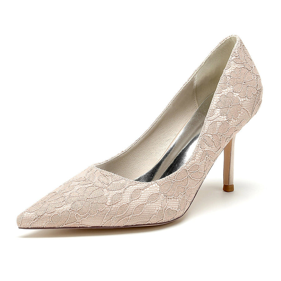 Damen Spitze Seidensatin Mit Spitze Geschlossene Zehen Stiletto Absatz Party Schuhe