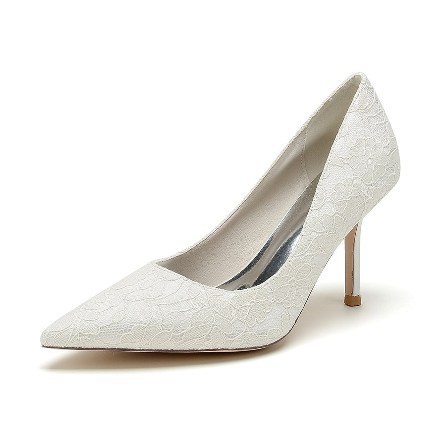 Damen Spitze Seidensatin Mit Spitze Geschlossene Zehen Stiletto Absatz Party Schuhe