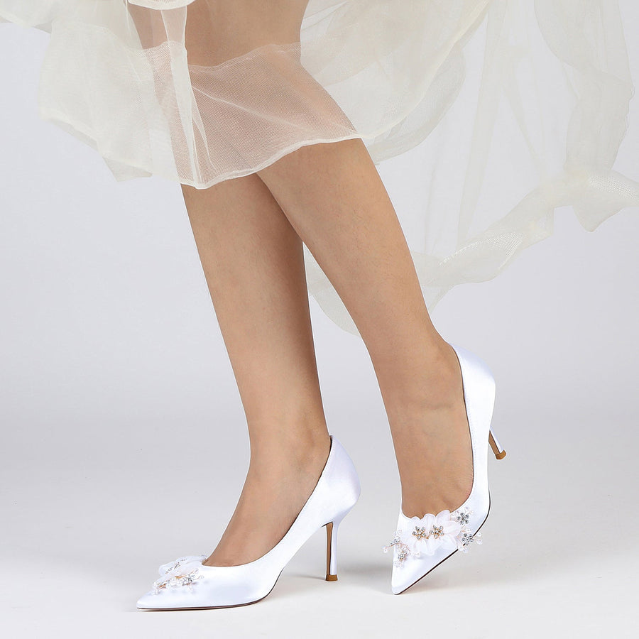 Damen Seidensatin mit Geschlossener Zehe Stiletto-Absatz Blume Hochzeitsschuhe