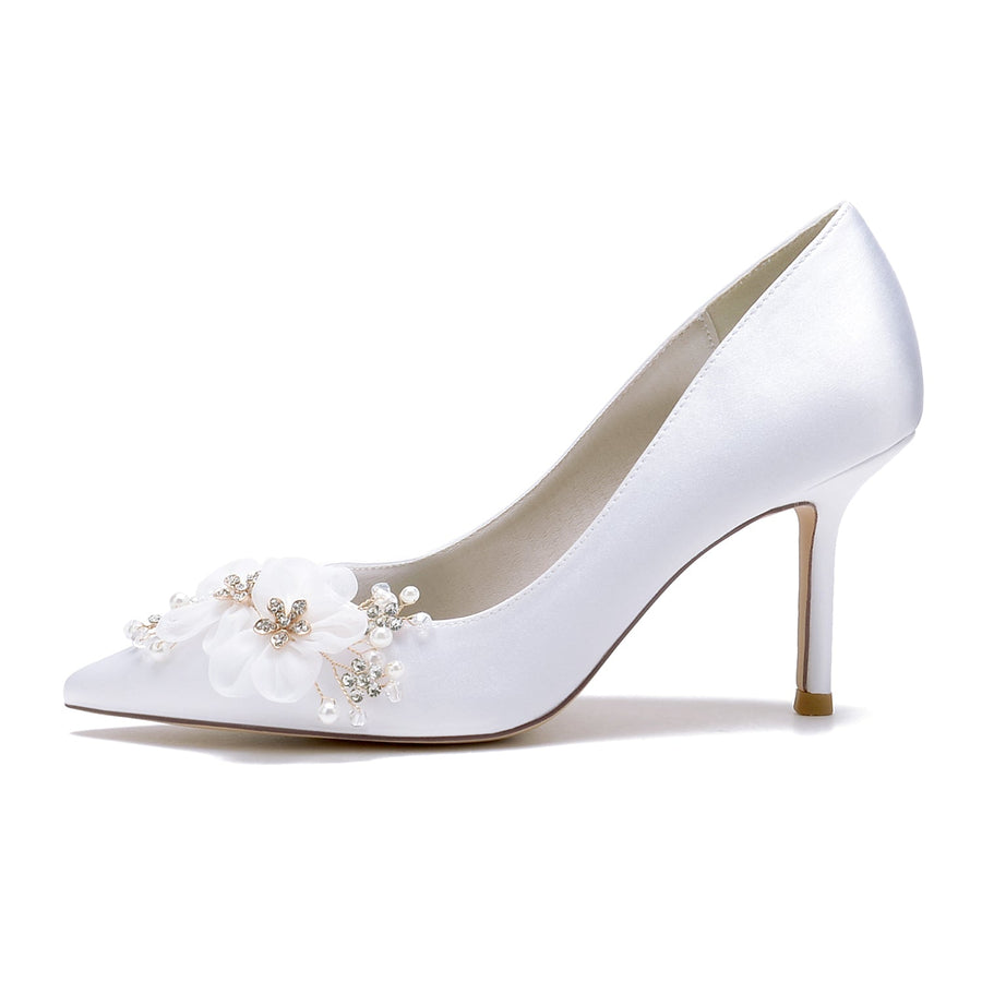 Damen Seidensatin mit Geschlossener Zehe Stiletto-Absatz Blume Hochzeitsschuhe