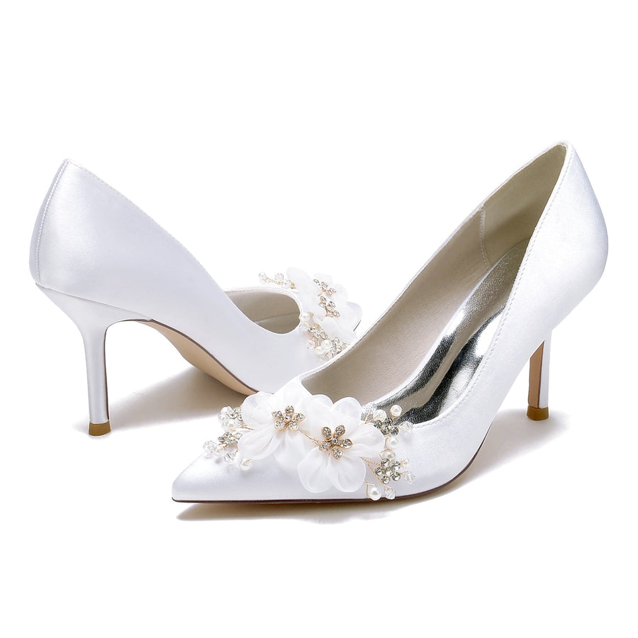 Damen Seidensatin mit Geschlossener Zehe Stiletto-Absatz Blume Hochzeitsschuhe