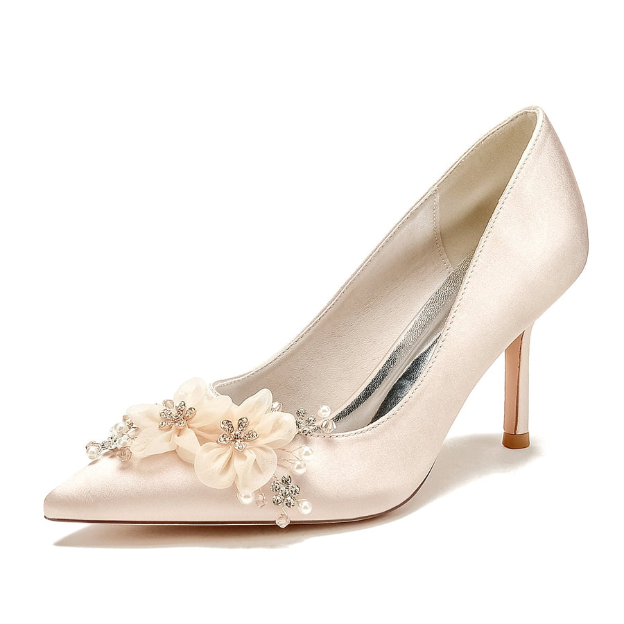 Damen Seidensatin mit Geschlossener Zehe Stiletto-Absatz Blume Hochzeitsschuhe