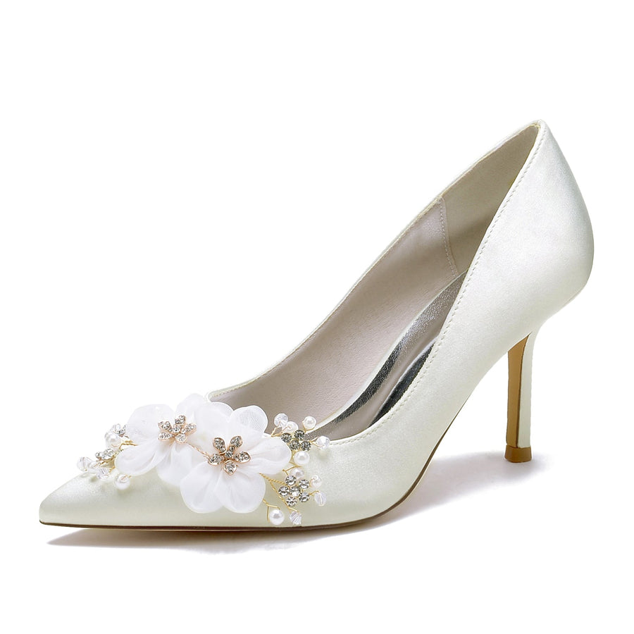 Damen Seidensatin mit Geschlossener Zehe Stiletto-Absatz Blume Hochzeitsschuhe