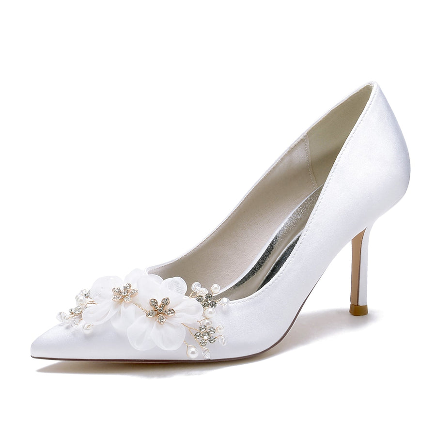 Damen Seidensatin mit Geschlossener Zehe Stiletto-Absatz Blume Hochzeitsschuhe